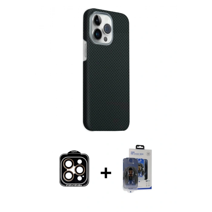 MARSİLYAN™- iPhone 15 Pro Max Kılıf Kozmos Klasik Prime - Siyah Vanessa Magic Cam + Turuncu PVD Metal Kamera Lens