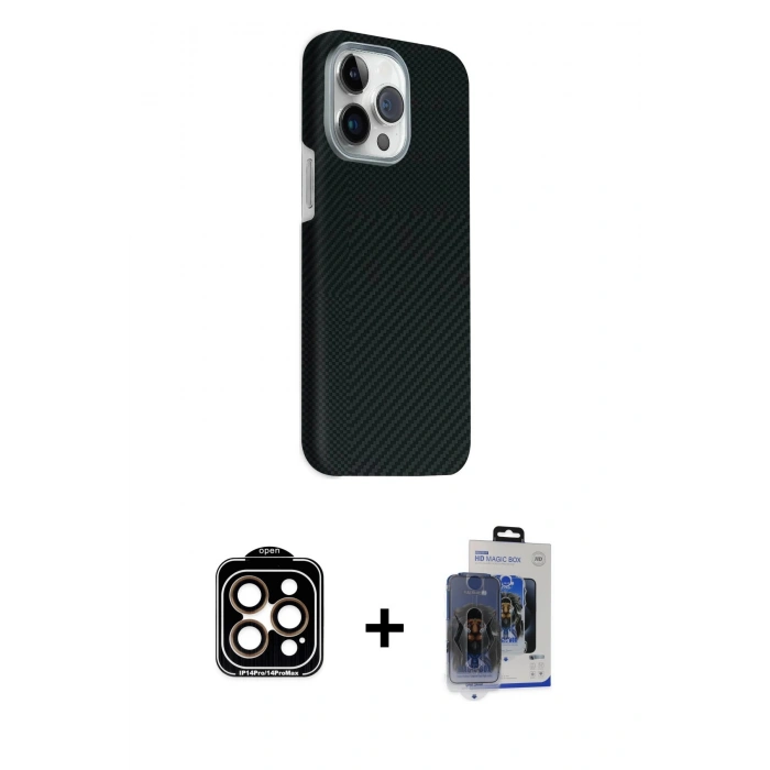 MARSİLYAN™- iPhone 15 Pro Max Kılıf Kozmos Klasik Prime - Siyah Vanessa Magic Cam + Turuncu PVD Metal Kamera Lens