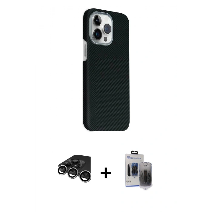 MARSİLYAN™- iPhone 15 Pro Max Kılıf Kozmos Klasik Prime - Siyah Vanessa Magic Hayalet Cam + Raze Metal Kamera Lens - GS
