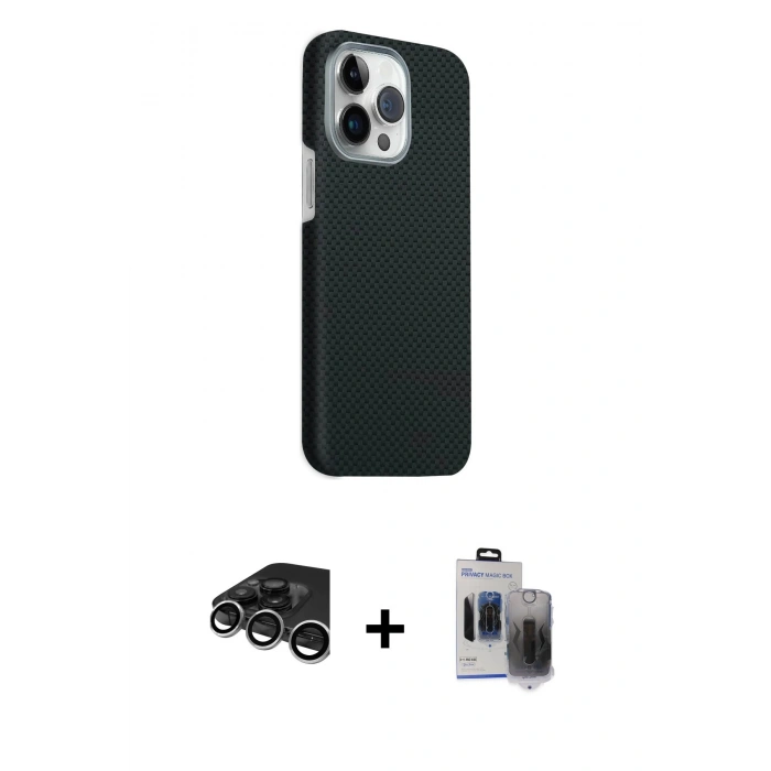 MARSİLYAN™- iPhone 15 Pro Max Kılıf Kozmos Klasik Prime - Siyah Vanessa Magic Hayalet Cam + Raze Metal Kamera Lens - GS