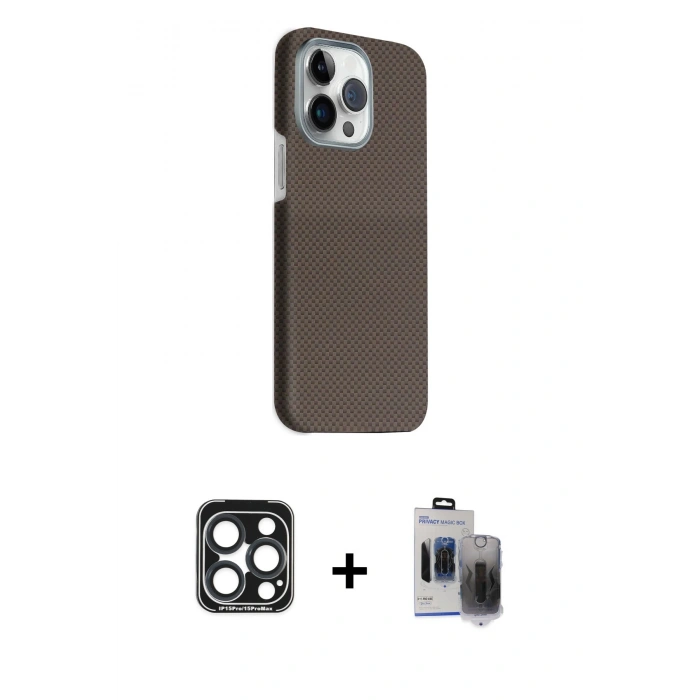 MARSİLYAN™- iPhone 15 Pro Max Kılıf Kozmos Klasik Prime - Siyah Vanessa Magic Hayalet Cam + Lacivert PVD Metal Kamera Lens