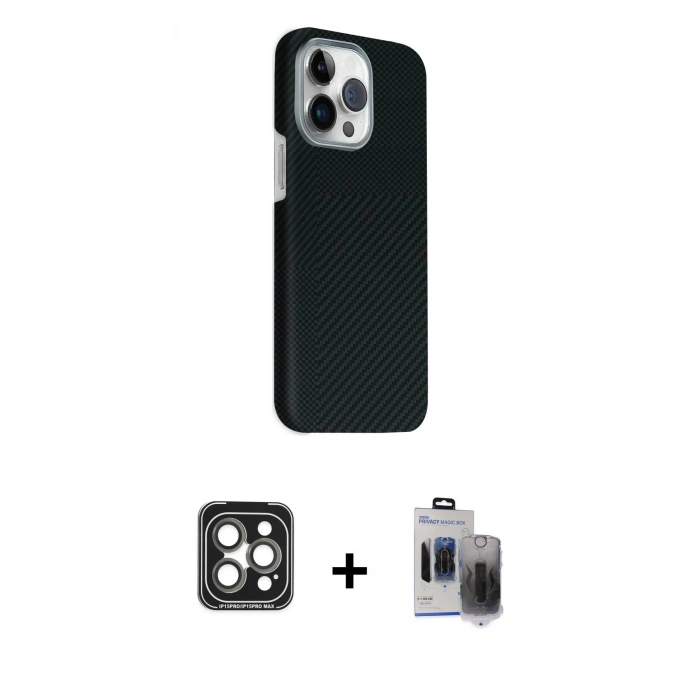 MARSİLYAN™- iPhone 15 Pro Max Kılıf Kozmos Klasik Prime - Siyah Vanessa Magic Hayalet Cam + PVD Metal Kamera Lens - GI