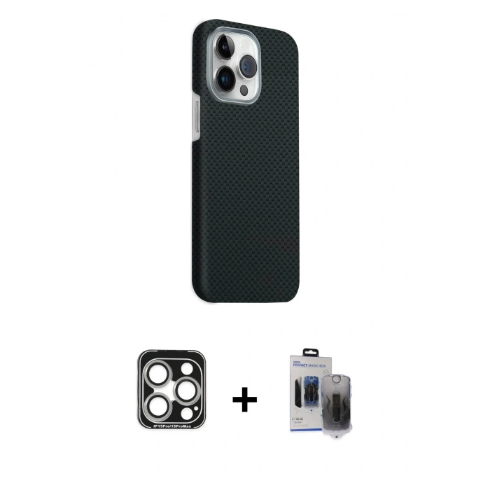 MARSİLYAN™- iPhone 15 Pro Max Kılıf Kozmos Klasik Prime - Siyah Vanessa Magic Hayalet Cam + PVD Metal Kamera Lens - GS