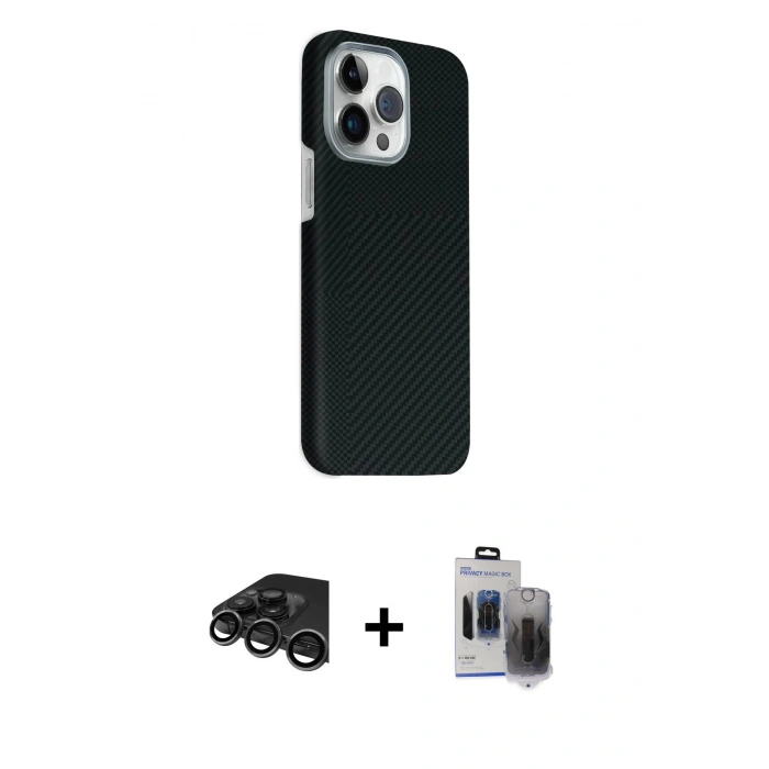 MARSİLYAN™- iPhone 15 Pro Max Kılıf Kozmos Klasik Prime - Siyah Vanessa Magic Hayalet Cam + Raze Metal Kamera Lens - TMGI