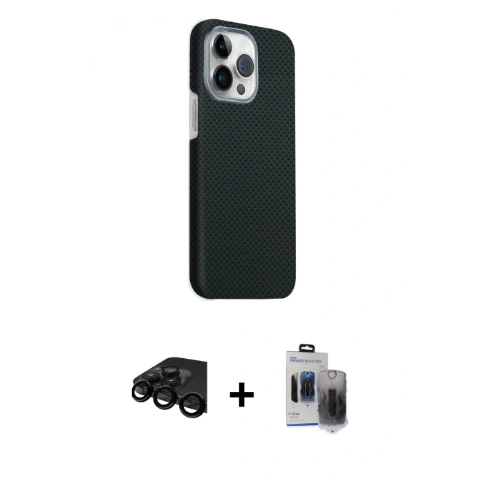 MARSİLYAN™- iPhone 15 Pro Max Kılıf Kozmos Klasik Prime - Siyah Vanessa Magic Hayalet Cam + Raze Metal Kamera Lens - SH