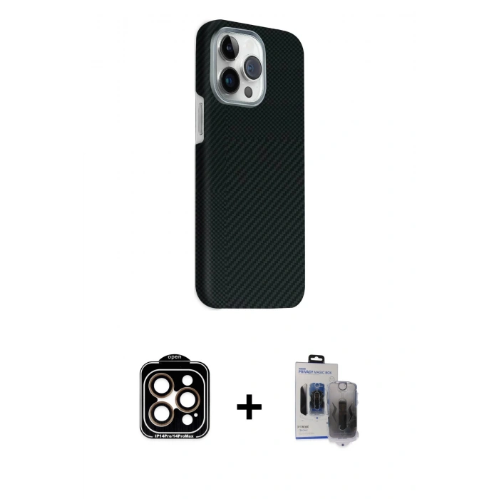 MARSİLYAN™- iPhone 15 Pro Max Kılıf Kozmos Klasik Prime - Siyah Vanessa Magic Hayalet Cam + PVD Metal Kamera Lens - TU