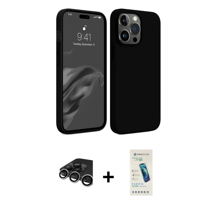 MARSİLYAN™- iPhone 15 Pro Max Kılıf Kozmos Yansıma Özel Seri - Şeffaf Pasifik Cam Ekran Koruyucu + Gümüş Raze Metal Kamera Lens