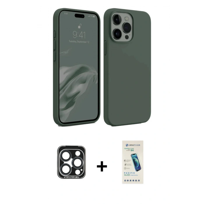MARSİLYAN™- iPhone 15 Pro Max Kılıf Kozmos Yansıma Özel Seri - Şeffaf Pasifik Cam Ekran Koruyucu + Lacivert PVD Metal Kamera Lens
