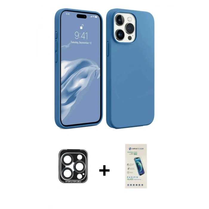 MARSİLYAN™- iPhone 15 Pro Max Kılıf Kozmos Yansıma Özel Seri - Şeffaf Pasifik Cam Ekran Koruyucu + Lacivert PVD Metal Kamera Lens