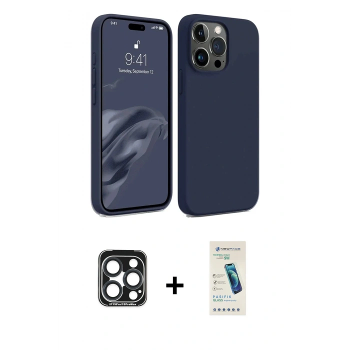 MARSİLYAN™- iPhone 15 Pro Max Kılıf Kozmos Yansıma Özel Seri - Şeffaf Pasifik Cam Ekran Koruyucu + Lacivert PVD Metal Kamera Lens