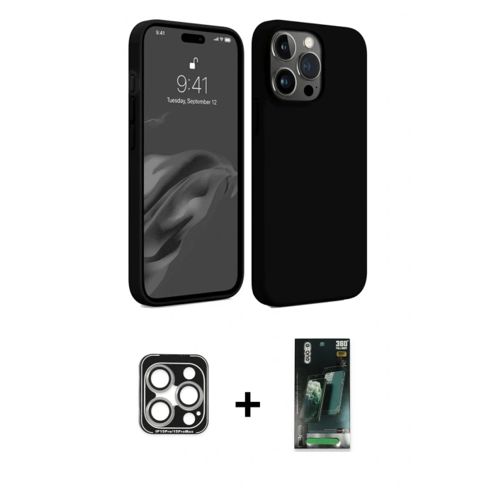 MARSİLYAN™- iPhone 15 Pro Max Kılıf Kozmos Yansıma Özel Seri - Siyah 360 Mat Full Body Arka Koruyucu + Gümüş PVD Metal Kamera Lens