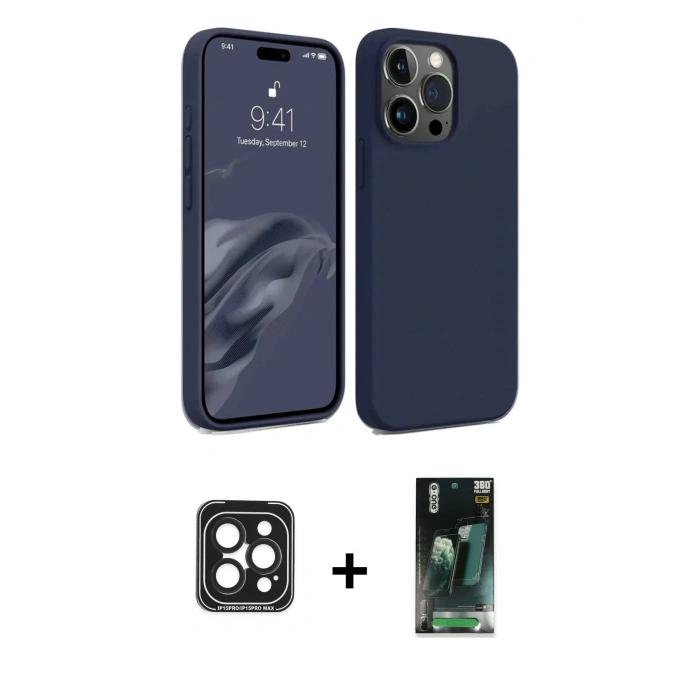 MARSİLYAN™- iPhone 15 Pro Max Kılıf Kozmos Yansıma Özel Seri - Siyah 360 Mat Full Body Arka Koruyucu + PVD Metal Kamera Lens - SH