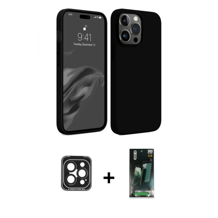 MARSİLYAN™- iPhone 15 Pro Max Kılıf Kozmos Yansıma Özel Seri - Siyah 360 Mat Full Body Arka Koruyucu + PVD Metal Kamera Lens - SH