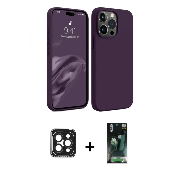 MARSİLYAN™- iPhone 15 Pro Max Kılıf Kozmos Yansıma Özel Seri - Siyah 360 Mat Full Body Arka Koruyucu + PVD Metal Kamera Lens - SH