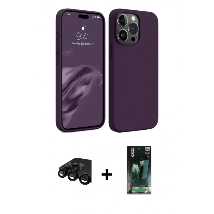 MARSİLYAN™- iPhone 15 Pro Max Kılıf Kozmos Yansıma Özel Seri - Siyah 360 Mat Full Body Arka Koruyucu + Raze Metal Kamera Lens - SH