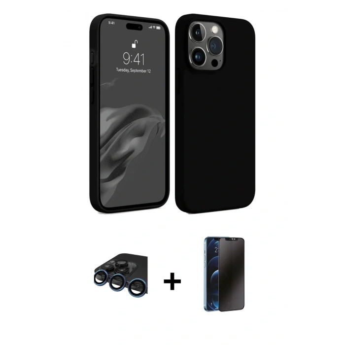 MARSİLYAN™- iPhone 15 Pro Max Kılıf Kozmos Yansıma Özel Seri - Siyah 3D Antistatik Hayalet Cam Ekran Koruyucu + Raze Metal Kamera Lens - LT