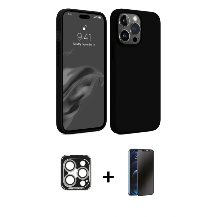 MARSİLYAN™- iPhone 15 Pro Max Kılıf Kozmos Yansıma Özel Seri - Siyah 3D Antistatik Hayalet Cam Ekran Koruyucu + Gümüş PVD Metal Kamera Lens