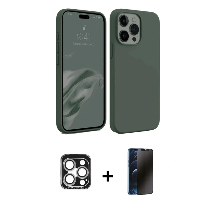 MARSİLYAN™- iPhone 15 Pro Max Kılıf Kozmos Yansıma Özel Seri - Siyah 3D Antistatik Hayalet Cam Ekran Koruyucu + Gümüş PVD Metal Kamera Lens