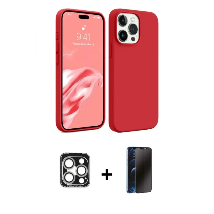 MARSİLYAN™- iPhone 15 Pro Max Kılıf Kozmos Yansıma Özel Seri - Siyah 3D Antistatik Hayalet Cam Ekran Koruyucu + Gümüş PVD Metal Kamera Lens