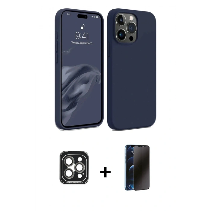 MARSİLYAN™- iPhone 15 Pro Max Kılıf Kozmos Yansıma Özel Seri - Siyah 3D Antistatik Hayalet Cam Ekran Koruyucu + PVD Metal Kamera Lens - GI