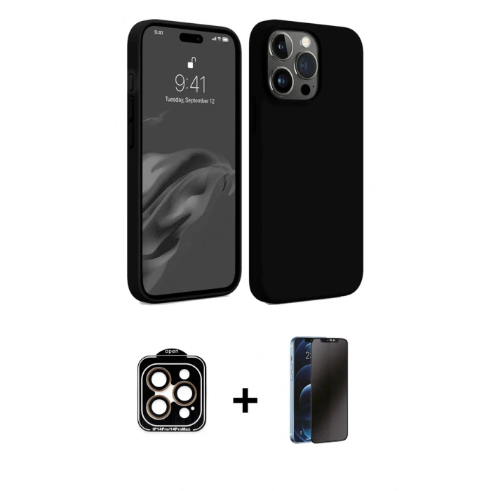 MARSİLYAN™- iPhone 15 Pro Max Kılıf Kozmos Yansıma Özel Seri - Siyah 3D Antistatik Hayalet Cam Ekran Koruyucu + PVD Metal Kamera Lens - TU