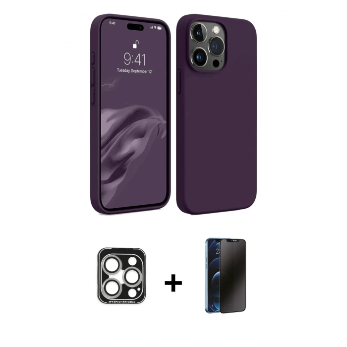 MARSİLYAN™- iPhone 15 Pro Max Kılıf Kozmos Yansıma Özel Seri - Siyah 3D Antistatik Hayalet Cam Ekran Koruyucu + Gümüş PVD Metal Kamera Lens