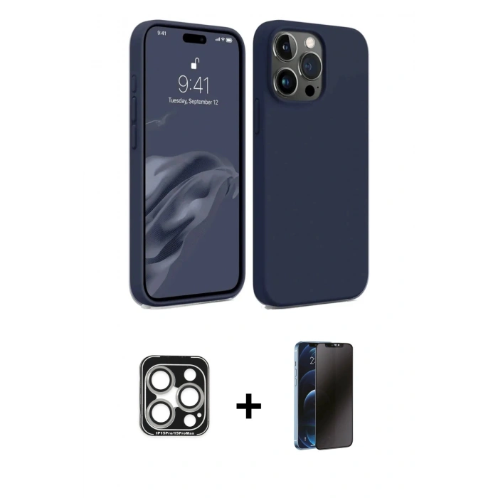 MARSİLYAN™- iPhone 15 Pro Max Kılıf Kozmos Yansıma Özel Seri - Siyah 3D Antistatik Hayalet Cam Ekran Koruyucu + Gümüş PVD Metal Kamera Lens