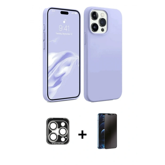 MARSİLYAN™- iPhone 15 Pro Max Kılıf Kozmos Yansıma Özel Seri - Siyah 3D Antistatik Hayalet Cam Ekran Koruyucu + Gümüş PVD Metal Kamera Lens