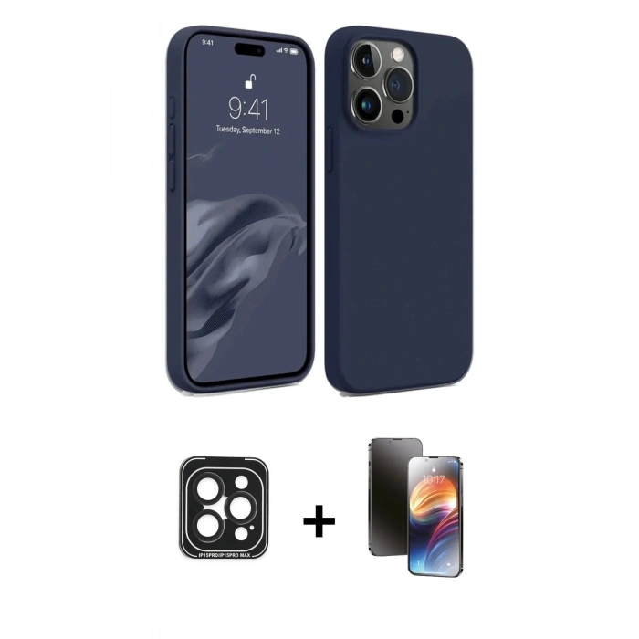 MARSİLYAN™- iPhone 15 Pro Max Kılıf Kozmos Yansıma Özel Seri - Siyah 3D Antistatik Mat Seramik Nano Ekran Koruyucu + PVD Metal Kamera Lens - SH