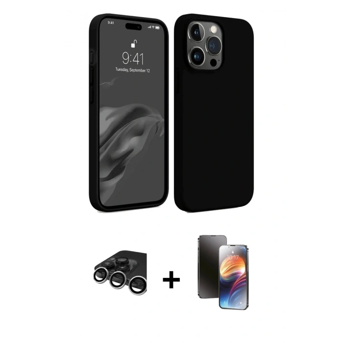 MARSİLYAN™- iPhone 15 Pro Max Kılıf Kozmos Yansıma Özel Seri - Siyah 3D Antistatik Mat Seramik Nano Ekran Koruyucu + Raze Metal Kamera Lens - GS