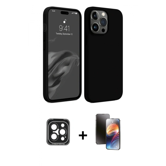 MARSİLYAN™- iPhone 15 Pro Max Kılıf Kozmos Yansıma Özel Seri - Siyah 3D Antistatik Mat Seramik Nano Ekran Koruyucu + PVD Metal Kamera Lens - SH