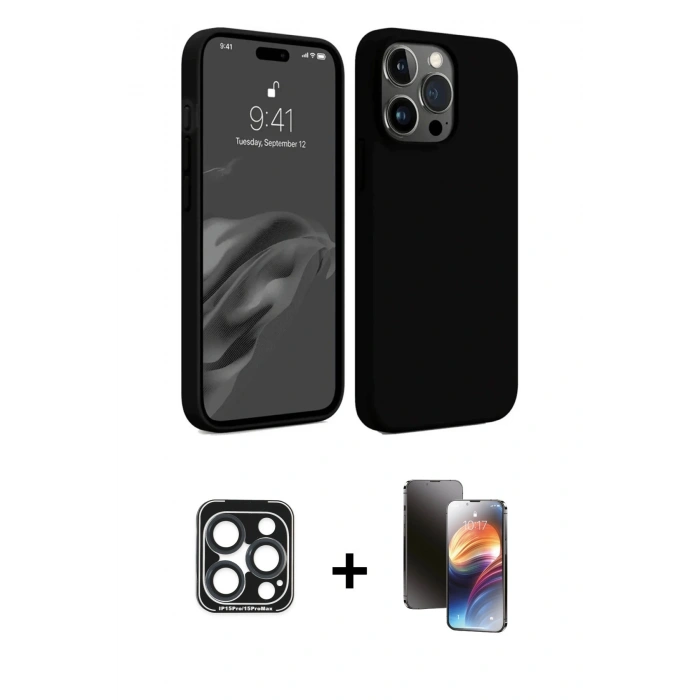 MARSİLYAN™- iPhone 15 Pro Max Kılıf Kozmos Yansıma Özel Seri - Siyah 3D Antistatik Mat Seramik Nano Ekran Koruyucu + Lacivert PVD Metal Kamera Lens
