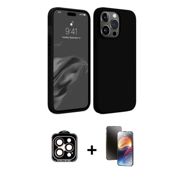 MARSİLYAN™- iPhone 15 Pro Max Kılıf Kozmos Yansıma Özel Seri - Siyah 3D Antistatik Mat Seramik Nano Ekran Koruyucu + PVD Metal Kamera Lens - TU
