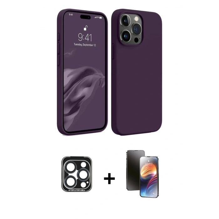 MARSİLYAN™- iPhone 15 Pro Max Kılıf Kozmos Yansıma Özel Seri - Siyah 3D Antistatik Mat Seramik Nano Ekran Koruyucu + PVD Metal Kamera Lens - LT
