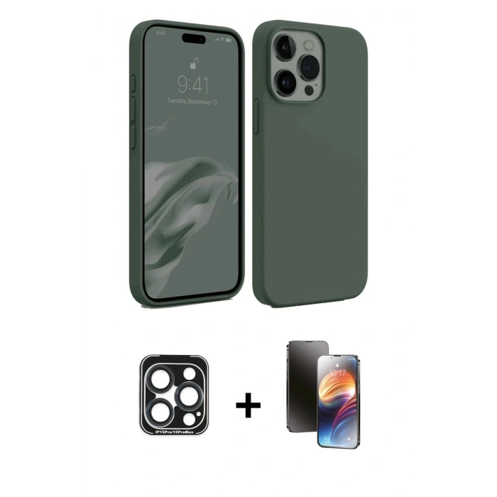 MARSİLYAN™- iPhone 15 Pro Max Kılıf Kozmos Yansıma Özel Seri - Siyah 3D Antistatik Mat Seramik Nano Ekran Koruyucu + Lacivert PVD Metal Kamera Lens
