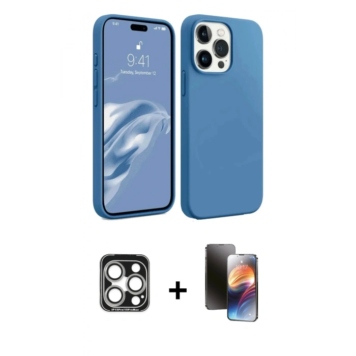 MARSİLYAN™- iPhone 15 Pro Max Kılıf Kozmos Yansıma Özel Seri - Siyah 3D Antistatik Mat Seramik Nano Ekran Koruyucu + PVD Metal Kamera Lens - GS