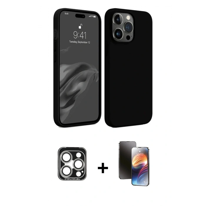 MARSİLYAN™- iPhone 15 Pro Max Kılıf Kozmos Yansıma Özel Seri - Siyah 3D Antistatik Mat Seramik Nano Ekran Koruyucu + PVD Metal Kamera Lens - GS
