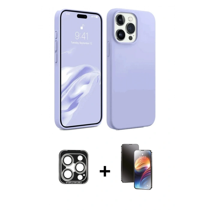 MARSİLYAN™- iPhone 15 Pro Max Kılıf Kozmos Yansıma Özel Seri - Siyah 3D Antistatik Mat Seramik Nano Ekran Koruyucu + PVD Metal Kamera Lens - GS