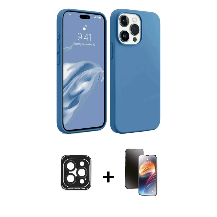 MARSİLYAN™- iPhone 15 Pro Max Kılıf Kozmos Yansıma Özel Seri - Siyah 3D Antistatik Mat Seramik Nano Ekran Koruyucu + PVD Metal Kamera Lens - SH