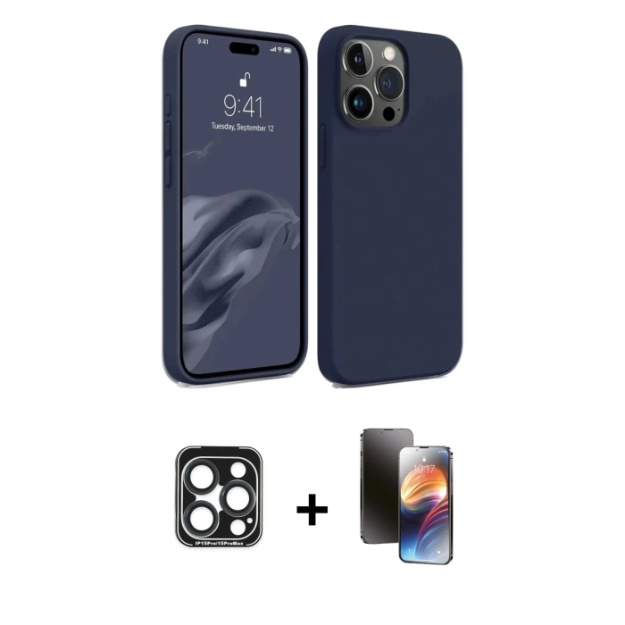 MARSİLYAN™- iPhone 15 Pro Max Kılıf Kozmos Yansıma Özel Seri - Siyah 3D Antistatik Mat Seramik Nano Ekran Koruyucu + PVD Metal Kamera Lens - LT