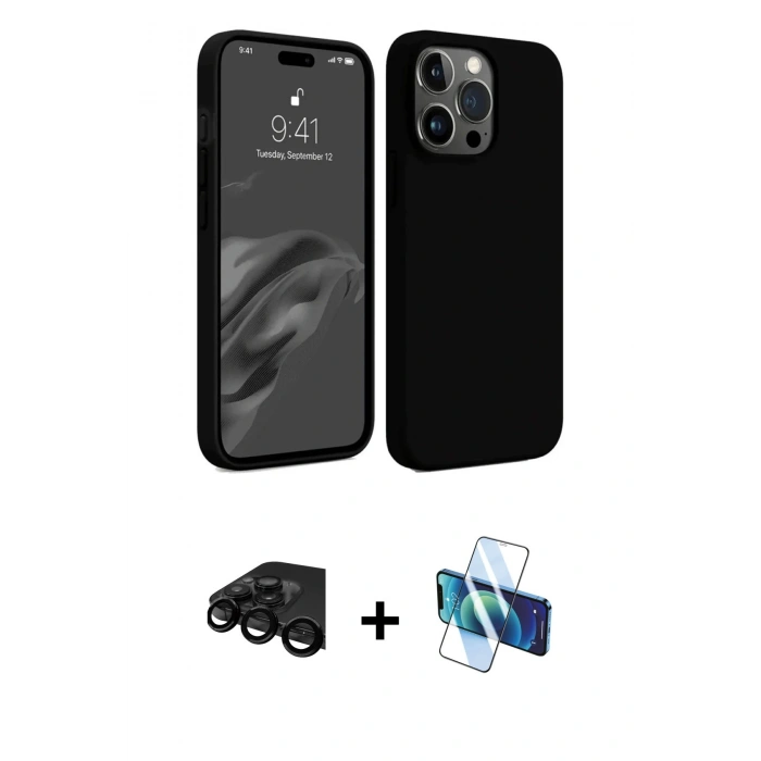 MARSİLYAN™- iPhone 15 Pro Max Kılıf Kozmos Yansıma Özel Seri - Siyah 3D Antistatik Seramik Nano Ekran Koruyucu + Raze Metal Kamera Lens - SH