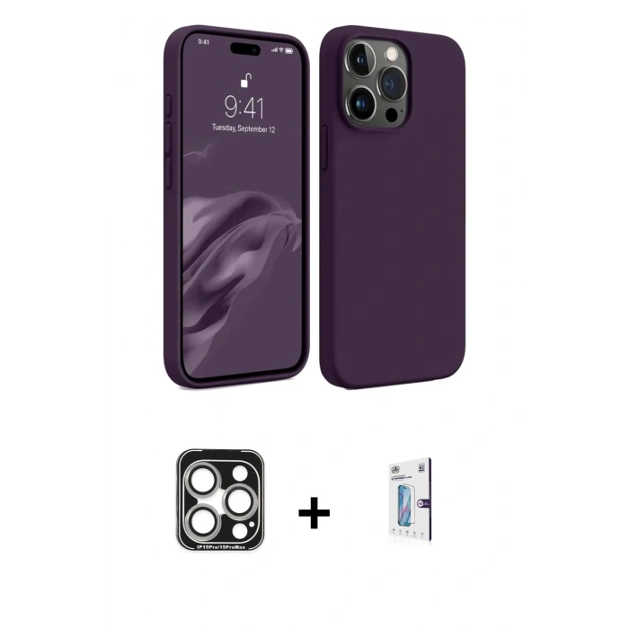 MARSİLYAN™- iPhone 15 Pro Max Kılıf Kozmos Yansıma Özel Seri - Siyah Bilvis 0.18mm Plus Cam Ekran Koruyucu + PVD Metal Kamera Lens - GS