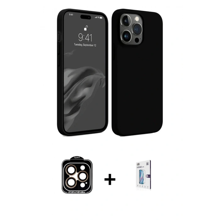 MARSİLYAN™- iPhone 15 Pro Max Kılıf Kozmos Yansıma Özel Seri - Siyah Bilvis 0.18mm Plus Cam Ekran Koruyucu + PVD Metal Kamera Lens - TU
