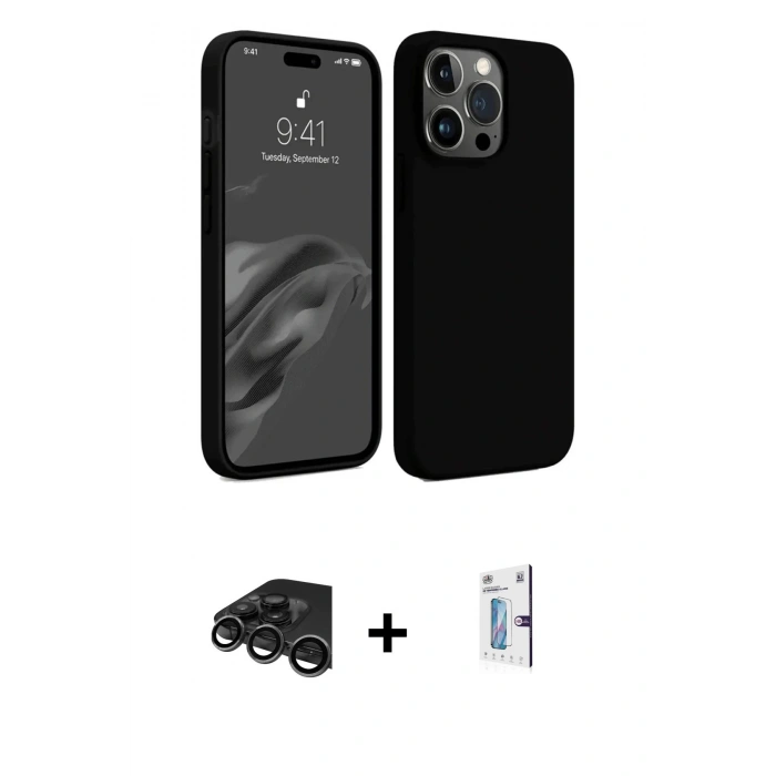 MARSİLYAN™- iPhone 15 Pro Max Kılıf Kozmos Yansıma Özel Seri - Siyah Bilvis 0.18mm Plus Cam Ekran Koruyucu + Titanyum Gri Raze Metal Kamera Lens