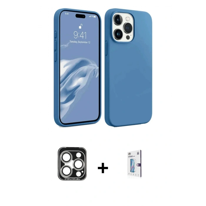 MARSİLYAN™- iPhone 15 Pro Max Kılıf Kozmos Yansıma Özel Seri - Siyah Bilvis 0.18mm Plus Cam Ekran Koruyucu + PVD Metal Kamera Lens - GS