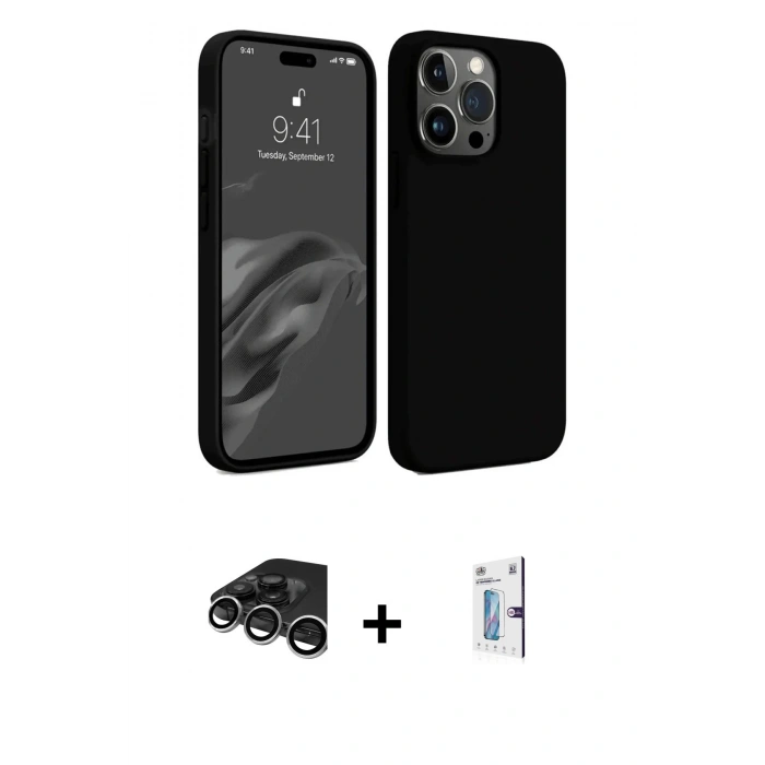 MARSİLYAN™- iPhone 15 Pro Max Kılıf Kozmos Yansıma Özel Seri - Siyah Bilvis 0.18mm Plus Cam Ekran Koruyucu + Raze Metal Kamera Lens - GS