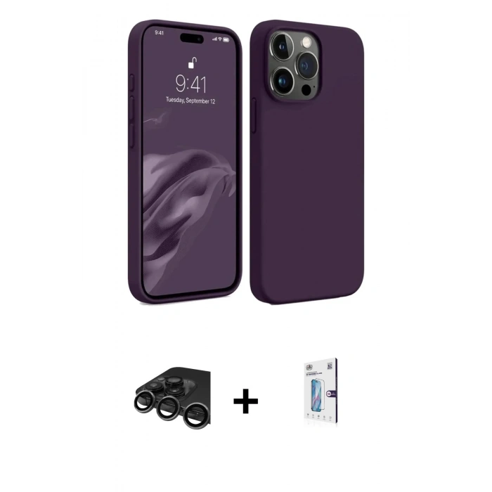 MARSİLYAN™- iPhone 15 Pro Max Kılıf Kozmos Yansıma Özel Seri - Siyah Bilvis 0.18mm Plus Cam Ekran Koruyucu + Titanyum Gri Raze Metal Kamera Lens