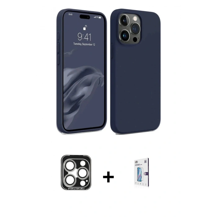 MARSİLYAN™- iPhone 15 Pro Max Kılıf Kozmos Yansıma Özel Seri - Siyah Bilvis 0.18mm Plus Cam Ekran Koruyucu + PVD Metal Kamera Lens - GS