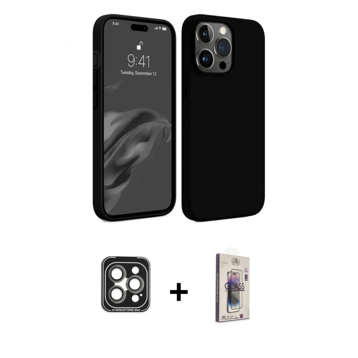 MARSİLYAN™- iPhone 15 Pro Max Kılıf Kozmos Yansıma Özel Seri - Siyah Bilvis 3D Cam Ekran Koruyucu + PVD Metal Kamera Lens - GI