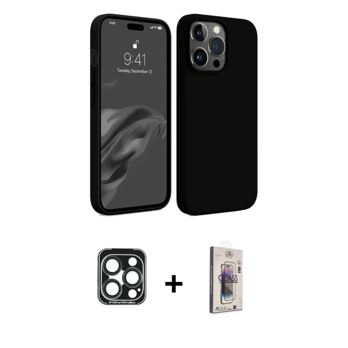 MARSİLYAN™- iPhone 15 Pro Max Kılıf Kozmos Yansıma Özel Seri - Siyah Bilvis 3D Cam Ekran Koruyucu + PVD Metal Kamera Lens - LT